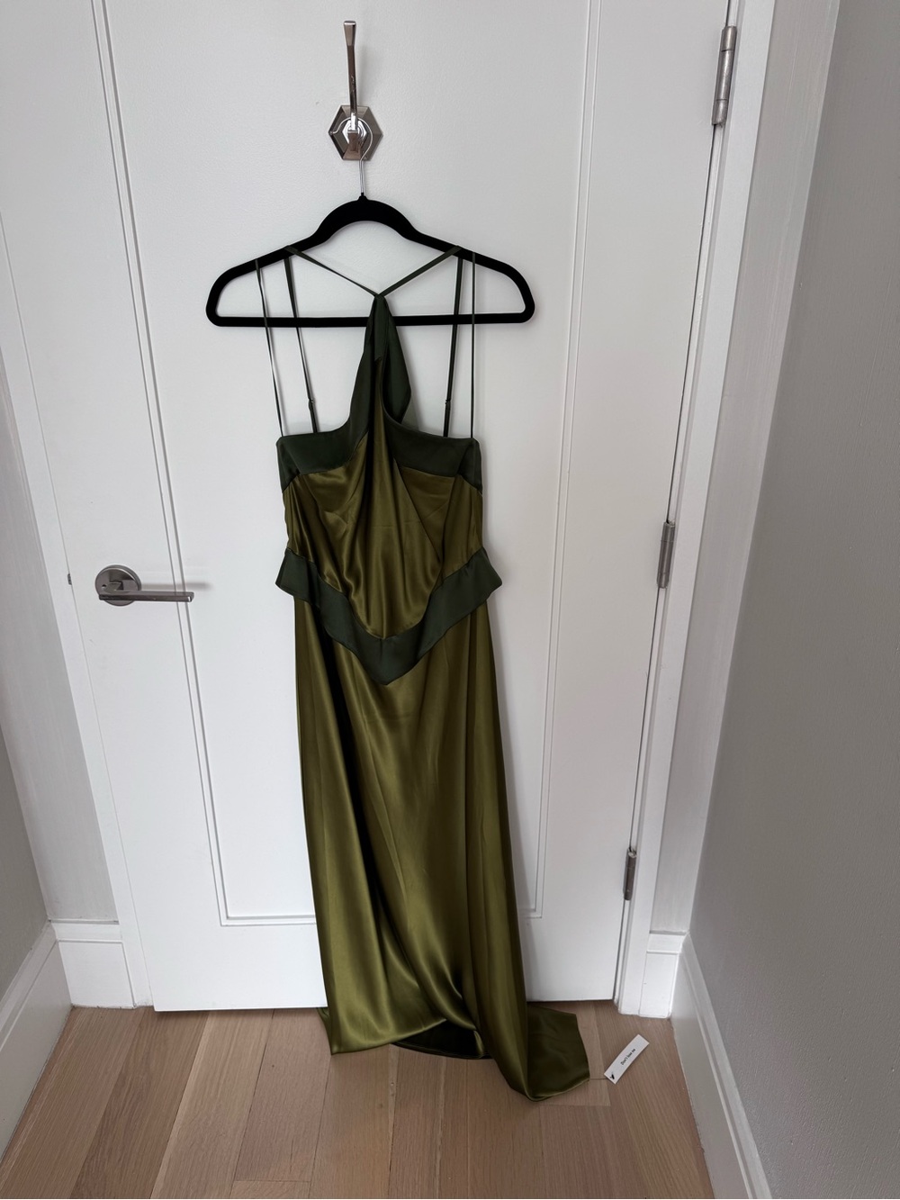 Reformation Olive Green Satin Halter Maxi Dress